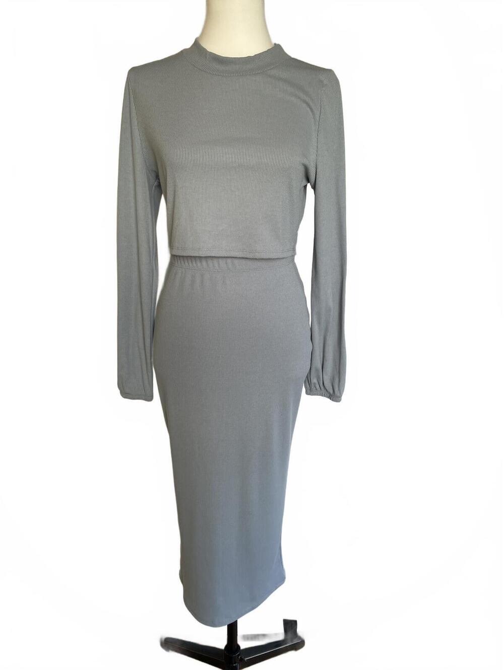 Superdown Slate Blue Ribbed Long Sleeve Top and Midi Skirt Set Bodycon